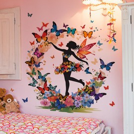 Colorful Floral Wall Mural Butterfly Flower Fairy Girl Wall Stickers Butterflies Wall Decor DIY Removable PVC Wall Decal Sticker for Girls Baby Nursery Bedroom