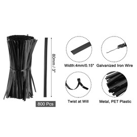 sourcing map 3" Twist Ties, Metallic Twist Ties, Reusable Plastic Coated Twist Ties for Bakery, Candy Bags, Coffee Bags, Goodie Bags, Pack of 800, Black