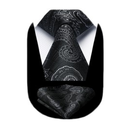 HISDERN Ties for Men Extra Long Black Tie and Pocket Square Set Classic Paisley Slik Necktie Handkerchief Formal Business Wedding Party Men's Neckties