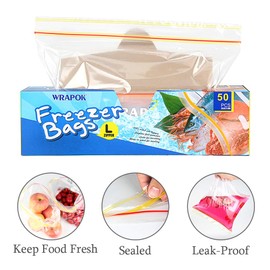 WRAPOK Ziplock Freezer Bags Large Reusable Food Plastic Seal Bag Soup Storage Zip Lock Bag, 10.5 x 11 Inch - 50 Count