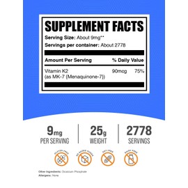BulkSupplements.com Vitamin K2 Powder - Vitamin K2 MK-7, as Menaquinone Powder - K2 Vitamin Supplement for Wellness, Gluten Free, 9mg per Serving, 25g (0.88 oz) (Pack of 1)
