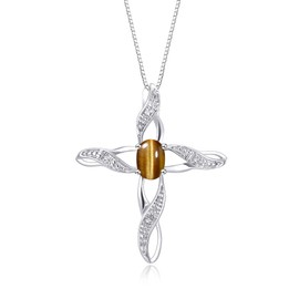Rylos Necklace Sterling Silver 925 Cross Necklace with Gemstone & Diamonds Pendant with 18" Chain 7X5MM Tiger Eye November Birthstone Womens Jewelry Silver Necklace For Women