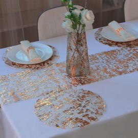 QBFWETY Disposable Round Rose Gold Placemats, 10Pieces Glitter Foil Metallic Rose Gold Thin Mesh Place Mats, Table Centerpiece Decor for Party Wedding Christmas Thanksgiving Valentine