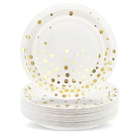 ZVK Paper Plates, Party Plates, Gold Foil Plate Set, 23 cm Party Tableware Set, White with Gold Polka Dots, Pack of 50 Paper Plates for Graduation, Anniversary, Valentine's Day, Housewarming