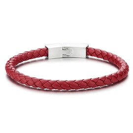 COOLSTEELANDBEYOND Unisex Mens Women Thin Red Braided Leather Bracelet Leather Bangle Wristband, Steel Magnetic Clasp