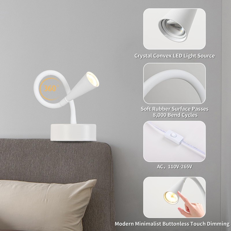 White Headboard Reading Light, No Drilling Wall Mounted Reading Lights