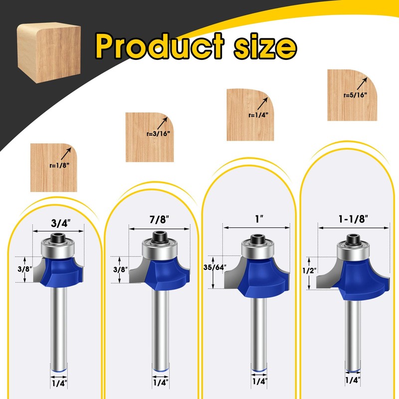 4 Pcs Blue Router Bits 1/4 Shank Feanron Round Over