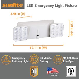 Sunlite 05268-SU LED Emergency Light Fixture, 2.4 Watts, 120-277 Volt, Dual Heads, 90-Minute Battery Backup, Wall or Ceiling Mount, IP20, UL Listed, White