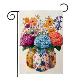 Spring Summer Colorful Floral Mason Jar Garden Flag 12x18 Inch Double Sided Hydrangea Flower Yard Outdoor Flag House Holiday Outside Decoration Burlap