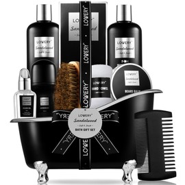 Gifts for Men, Mens Body And Wash Gift Set Beard Kit and Body Care, Unique for Dad Sandalwood Spa Baskets, Bath and Beard Grooming Kit, Gifts for Husband Him Beard Balm Growth Oil