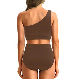 Holipick Brown Women One Shoulder High Waisted Bikini Sets Two Piece Swimsuit Tummy Control Bathing Suit Full Coverage Swimwear L
