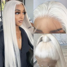 KINCYDU 13x4 White HD Lace Lace Front Wigs 28 Inch White Color Natural Straight Lace Frontal Wig Pre Plucked with Baby Hair Wig 200% Density Synthetic Heat Resistant Fiber Hair For Black Women