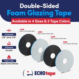 ECHOtape GL-N0708/N0716 | Double-Sided Foam Tape | Window Glazing Tape | Strong Permanent Hold Tape | Soft Flexible Tape | Weather Resistant Two-Sided Tape | 3/8 in x 150 ft x 1/16 in Thick