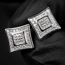 Men’s Square White Gold 925 Sterling Silver Hypoallergenic Micro Pave 3D Iced 5A Cz Hip Hop Screw Back Post Stud Earrings For Men Women Jewelry Gifts, Small, Sterling Silver, Cubic Zirconia
