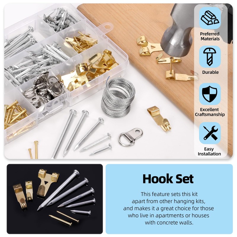 Glarks 279pcs Picture Hanging Equipment, Hanging Hardware with Hooks, Wire,