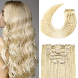 Clip in Hair Extensions 70G Platinum Blonde 100% Remy Human Hair Extensions 7A Soft Silky Straight 7pcs 16clips for Women(20 Inch #60)