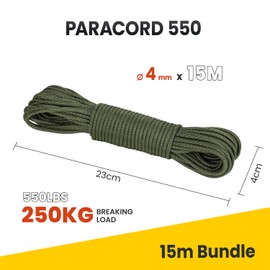 Brotree 4mm Paracord 550 Nylon Rope 15M 7 Strands Type III Parachute Cord for Survival, Outdoor and DIY - 250kg Breaking Load (Army Green)