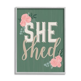 Stupell Industries She Shed Floral Pink Rose Calligraphy Sign, Design by Angela Nickeas