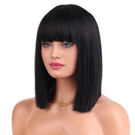 RightOn Black Bob Wig with Bangs Short Straight Black Wig for Women Daily Party Hairnet Include