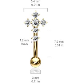 CZ Paved Cross Top 316L Surgical Steel Eyebrow Rings/Curved Barbells (Gold/Clear)