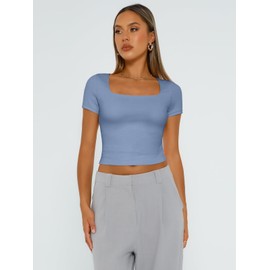 Trendy Queen Tshirts Shirts for Women Double Lined Going Out Crop Tops 2025 Spring Summer Workout Y2k Clothes Beach Fashion Blue M