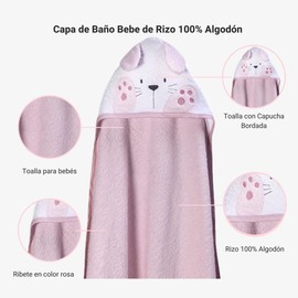 Ti TIN Baby bathrobe with hood made of 100% cotton, soft and absorbent hood with rabbit ears in pink, 100 x 100 cm (terry cloth), Rabbit Ears, 100x100cm
