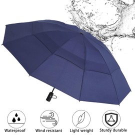 Mustarpicking Reverse Windproof Travel Umbrella - Compact Strongest Premium Auto Folding Umbrella for Rain and Sun - Durable, Light & Portable for Women & Men, Fits Backpack & Cars (Navy Blue)