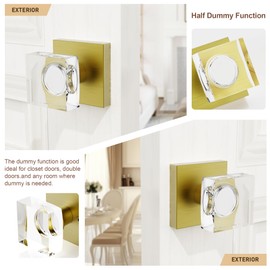 2 Pack Antique Brass Door Knob Dummy Door Knobs Crystal Door Knobs Interior, Antique Door Knob Square Door Knob Glass Door Handle for Hall Pantry Closet Door Knob