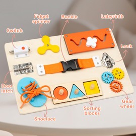 KDSFT Montessori Busy Board for Toddlers, 9-in-1 Wooden Sensory Toys for Fine Motor Skills, Educational Activity Board for Preschool Learning, Travel Toys Gift for Boys Girls 3 4 5