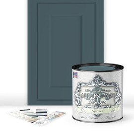 ALL-IN-ONE Paint, Durable cabinet and furniture paint. Built in primer and top coat, no sanding needed. Includes our 30 featured color card - Spruce (gray green with slight blue undertone), Quart