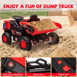 Ride On Dump Truck Car Toy with Remote Control, Electric Dump Bed, Shovel, 12V Construction Vehicle for Kids with Music Player, High & Low Speed