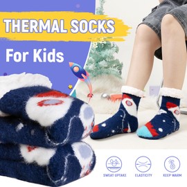 AMENLAN Kids Boys Fuzzy Slipper Socks Winter Soft Warm Thick Fleece Lined Plush Children Non Slip Home Socks (Deep Blue#04, 4-7 Years)