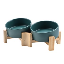 SPUNKYJUNKY 15° Slanted Ceramic Dog and Cat Bowl with Wooden Stand, Tilted Bulldog Food and Water Bowl No Slip Non-Spill for Cats Medium Dogs Big Face Pets 13.5 OZ (1.7 Cups, Green × 2)