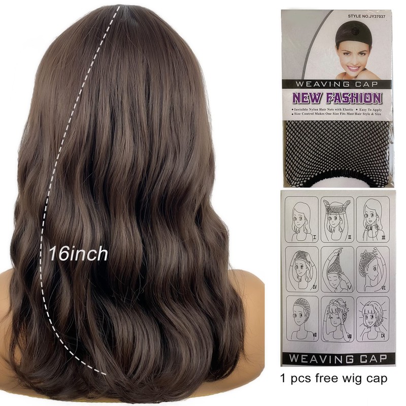 MIMISERVICE 16 inch Short Wavy Bob Wig With Bangs,Brown Medium