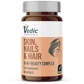 Vedic Skin Hair Nails Beauty Complex | 16-in-1 Vegan Capsules with Hyaluronic Acid, Biotin, Zinc, Selenium, Copper, Vitamins A B C D E | 90 Vegan Capsules
