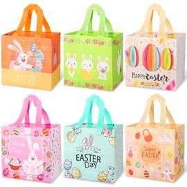 Lapensa Easter Bags with Handles, Reusable Easter Gift Bags, Bunny Easter Egg Hunt Party Treat Bag for kids,Waterproof Goodie Tote Bags for Holiday Favors (6 Pack)