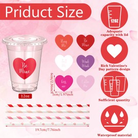 SiliFine 36 Sets Valentines Day Party Cups with Lids and Straws Heart Stickers Plastic Clear 12oz Valentine's Day Disposable Cups for Coffee Juice Drinks Valentines Party Supplies