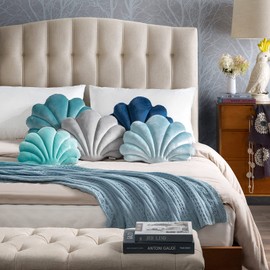 Ashler 3D Throw Pillows Shell Shaped Accent Throw Pillow, Soft Velvet Insert Included Cushion for Couch Bed Living Room, Pack of 1, Lake Blue, 18 X 13 inches