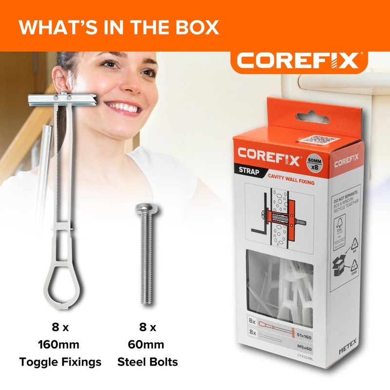Corefix Strap Cavity Wall Fixing 8 Pack (M5x60mm), Heavy Duty