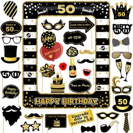 50th Birthday Photo Booth Props and Inflatable Selfie Frame, 35 Pcs 50th Funny DIY Birthday Party Props for Women Men, Black Gold Inflatable Party Photo Booth Frame