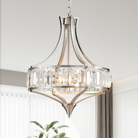 Avzkcy Modern Crystal Chandelier Brushed Nickel, Round Pendant Lighting Fixtures, 15.7" Height Adjustable Farmhouse Ceiling Light for Living Room, Kitchen Island, Dining Room