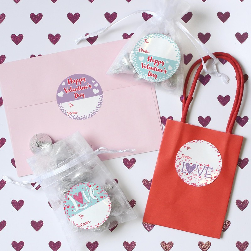 Valentine's Day Tag Stickers - Pink, Teal, Purple Love Theme