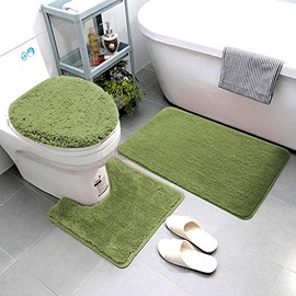 Luxury Home Linen 3 Piece Super Soft and Fluffy Microfiber Absorbent Solid Bathroom Rug Set with Rubber Backing Includes Non-Slip Bath Rug, Contour Mat, and Toilet Lid Cover (Sage Green)