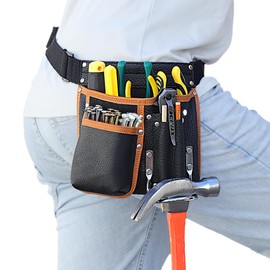 quipuda Tool Pouch, Genuine Leather Tool Belt Pouch, with Adjustable Waist Belt, Tool Bag with Hammer Holder for Carpenters, Gardeners, Frame Builders, Roofers, Craftsmen
