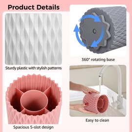 Epicover 9 Pcs Rotating Pen Holder 5 Slots Spinning Desk Organizer Acrylic Pencil Storage Caddy Desktop Supplies Organizer Pen Cup Pencil Caddy for Office, School, Home (Pink, White, Grey)