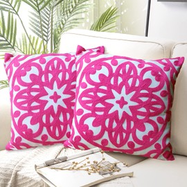 Alysheer Embroidered Decorative Throw Pillow Covers 18"x18" Set of 2 Pieces, Cozy Chic Boho Mandala Knit Pattern, Durable 100% Cotton Canvas Cushion Cases for Sofa Couch Living Room(Vivid Hot Pink)
