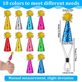 Bruislard 10 Pack Mini Party Hats for Stuffed Animal Figures Headwear, Tiny Cone Birthday Hats with Glitter Pom Poms & Adjustable Headband for Birthday Party Holidays