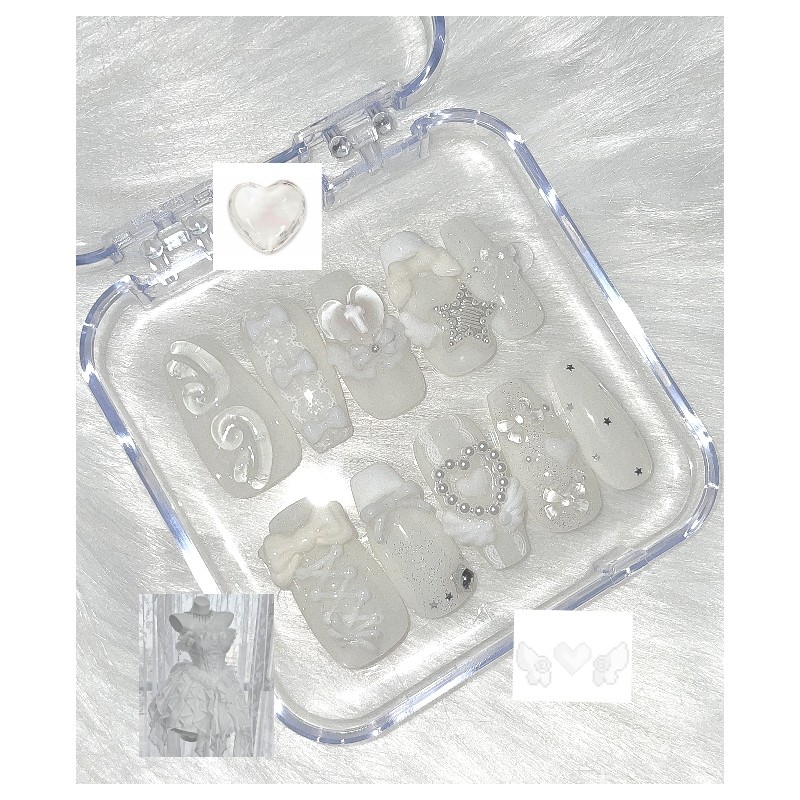 Angelic White Handmade Nail Tips - Short Coffin / 엔젤릭
