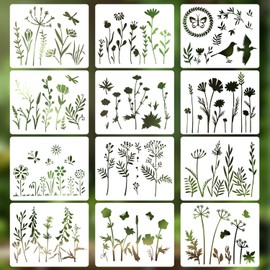 Plant Stencils, 12 Pieces Stencils for Crafts, Reusable Flower and Leaves Stencils for Painting, Stencil for Natural Plants, Drawing Stencil for Painting, DIY Art Scrapbook