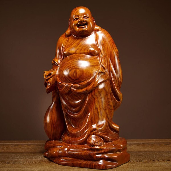 Wooden Carving, Seven Lucky Gods, Hotei-sama, Figurine, Wooden Figure, Yellow Pear Wood, High Quality Natural Karin Wood, Buddha Statue, Wood Carving, Money Luck, Amulet (Size: Height 7.9 inches (20 cm)